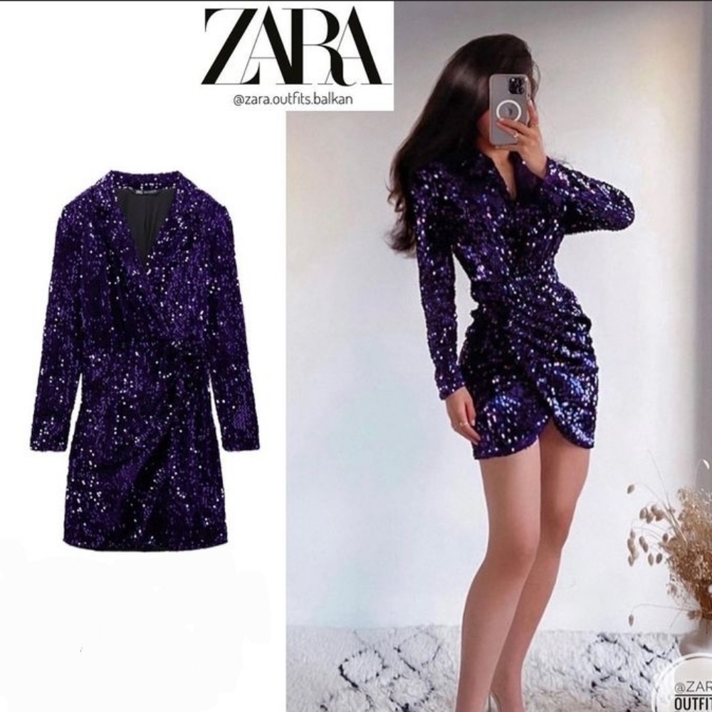 NWT Zara Sequin Glitter Purple Ruched Blazer Mini Dress Festive